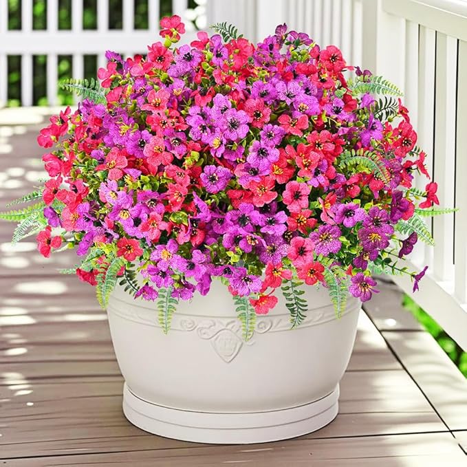 Pinenoya Artificial Faux Plants Flowers Outdoor Decoration,16 Bundles Fake Silk Colorful Daisy Eucalyptus Realistic UV Resistant for Outside Home Planter Porch Patio Yard Decor (Purple Red)