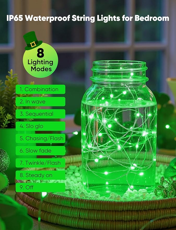 Minetom 12 Pack Green Christmas Lights, St Patricks Day Lights, 7ft 20 LED Fairy Lights Battery Operated String Lights, St Patricks Day Decorations, 8 Modes Timer Waterproof Silver Wire Twinkle Lights