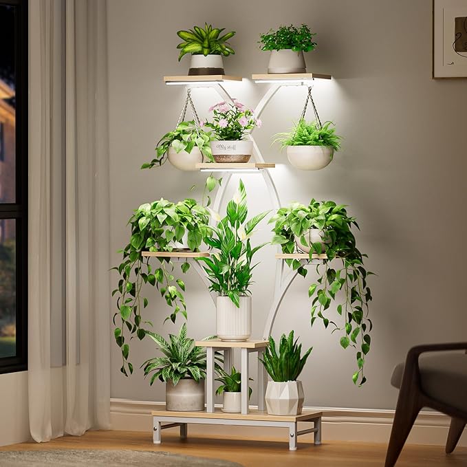 VOZZYOTO Plant Stand Indoor with Grow Lights - 7 Tiered Metal Corner Shelf for Multiple Plants, 63" Corner Plant Stand for Indoor Plants, X-Shaped Plant Rack for Home, Living Room, Office & Patio Decor