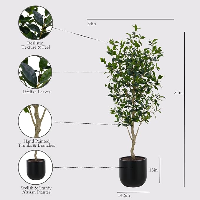 CG Hunter Faux Laurel Tree, Premium Artificial Indoor Tree Stands 7-ft Tall, Lifelike-Leaves & Hand Painted Trunk, Planter Pot Included