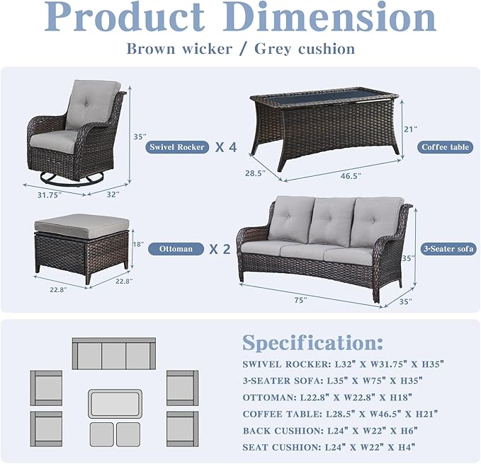 Belord Wicker Patio Furniture Sets - 8 Piece Rattan Outdoor Furniture Conversation Sets with 4 Swivel Rocker Chairs, Rattan Sofa, Wicker Ottomans and Coffee Table, Brown/Grey