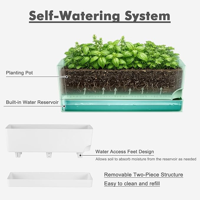 Party Zealot Window Boxes Planters, 5 Pack Self Watering Pots for Indoor Plants 17 Inch Rectangular Planter Rectangle Flower Pots Long Plant Pot Large Window Sill Herb Planter Box, White