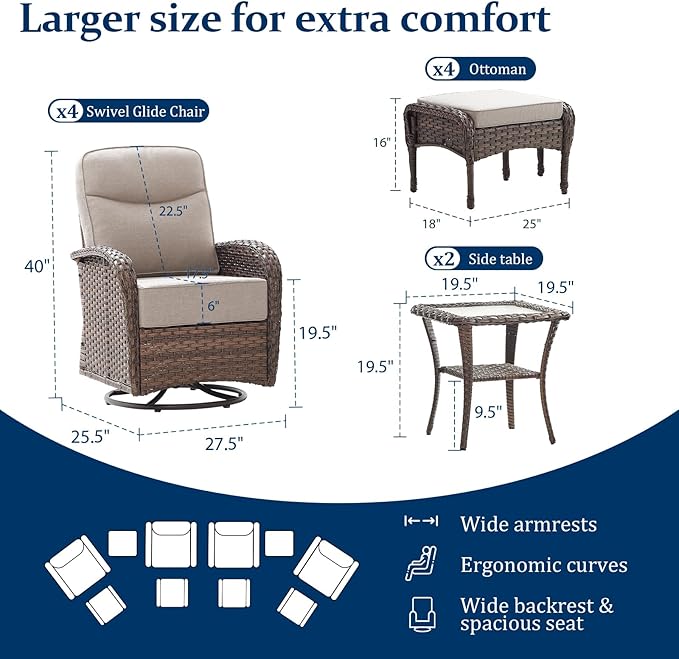 Outdoor Swivel Rocking Chair Patio Set (10pcs) High-Back - Thick Cushion Swivel Rocking Chair Patio Chairs Set, All-Weather Wicker Patio Furniture Set, Suitable for Balcony Patios, Brown/Beige