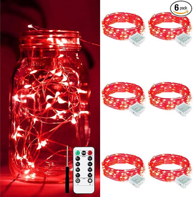ZGWJ 6 Pack Fairy Lights Battery Operated with Remote, 7ft 20 LED Mini Fairy String Lights with Timer 8 Lighting Modes Waterproof for Halloween Christmas Tree DIY, Parties, Bedroom Decorations Red