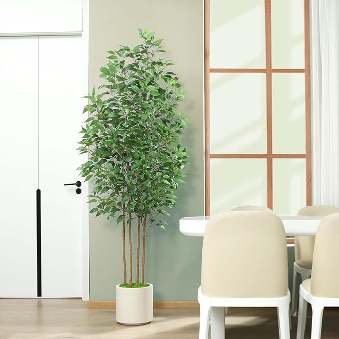 SOGUYI Ficus Artificial Tree 7ft Fake Silk Plant for Home Decor Indoor, Faux Tree in White Imitation Ceramic Planter Fake Floor Plant for Living Room and Home Office Corner Indoor Decor, Set of 1