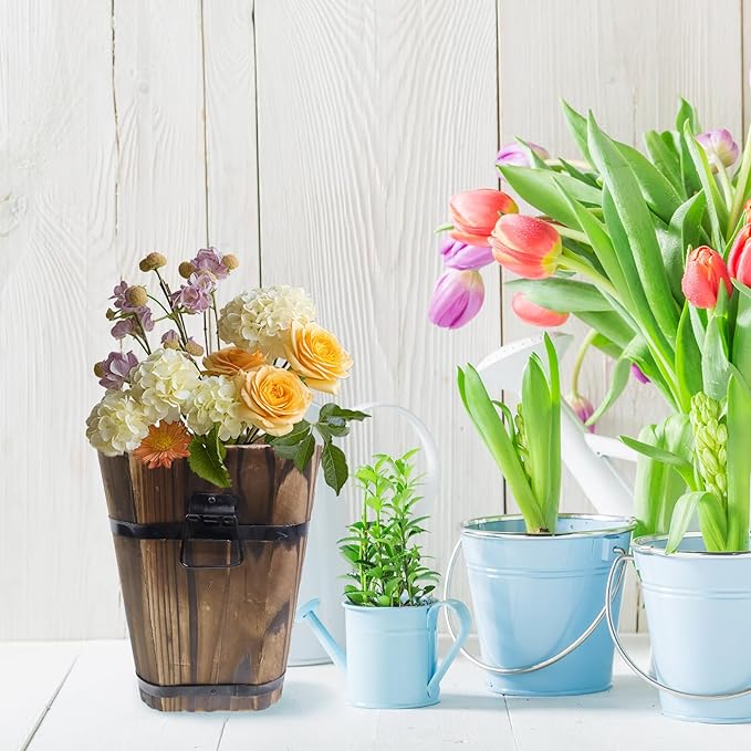 MY MIRONEY Plant Pots, Vintage Wooden Barrel Planter - Solid Rustic Garden Flower Pot with Metal Handles & Frame for Indoor Planter, Office Home Decor, Garden Home Plants, 5.2" x 8.27"