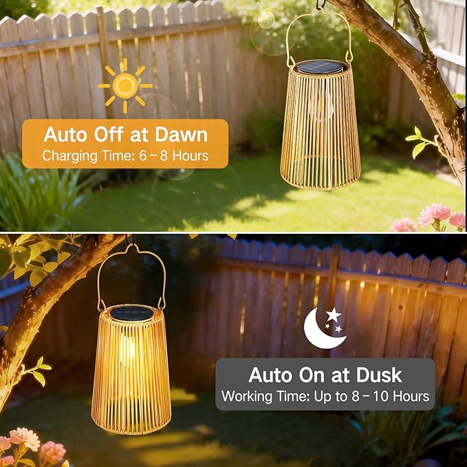 2 Pack Solar Lanterns Outdoor Waterproof, Hanging Rattan Woven Solar Lights with Auto On/Off, Decorative Gifts for Garden, Yard, Patio, Tree, Porch, Lawn, Pathway & Outside Tabletop Decor