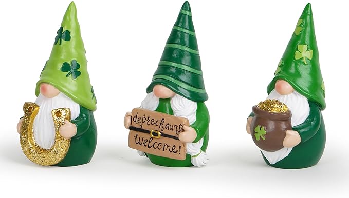 Hodao St. Patrick’s Day Gnomes Figurines— Hand-Painted Resin Leprechaun Gnomes with Pot of Gold, Horseshoe & Shamrock, Lucky Green Home Decor & Gift