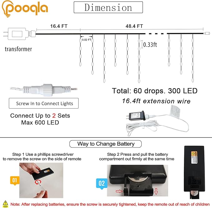 Pooqla Color Changing Icicle Lights with Remote, 35 Colors Christmas Icicle Lights, 300 LED 48FT RGB Waterproof Hanging String Lights for Roof Window Home Party Easter Valentine's Day Outdoor Decor