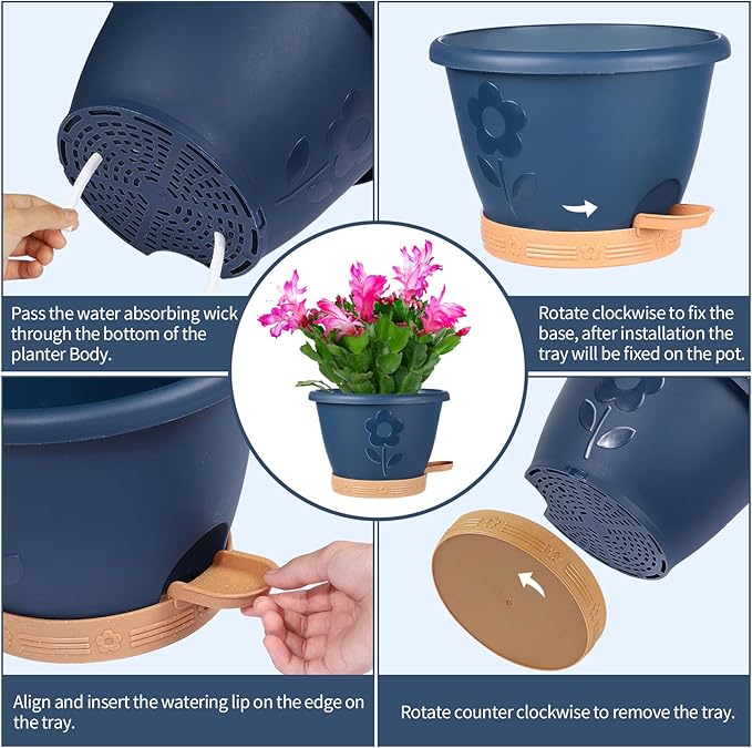 gegemaoyi Plastic Plant Pots 10 Inch Set of 4, Self Watering Pots with Drainage Holes, Saucer & Reservoir, Flower Pots for Indoor/Outdoor Plants, Decorative Nursery Planting Pots (Blue)