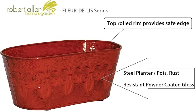 Robert Allen MPT01895 Fleur De Lis Series Metal Oval Planter Flower Pot, 10", Color Cayenne Red