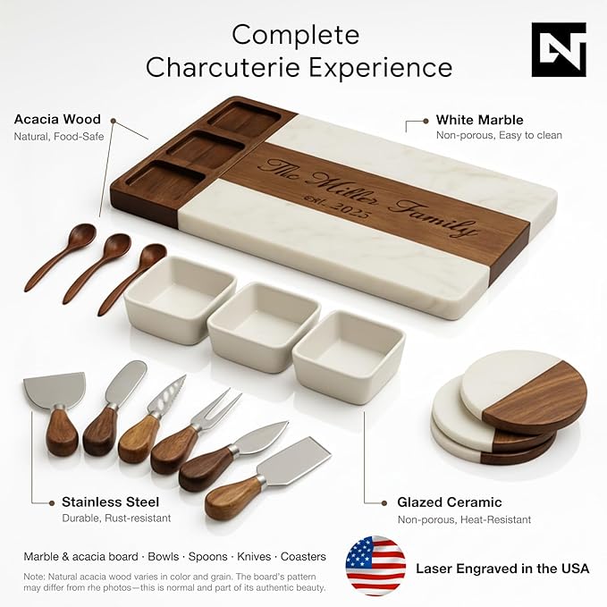 Personalized Charcuterie Board Set, Custom Engraved Marble Acacia Wood Cheese Board with Knife Set, Serving Board for Entertaining, Wedding, Housewarming & Anniversary Gifts