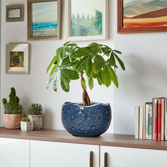 Thirtypot 8 Inch Plant Pot - Ceramic Planter for Indoor Outdoor Plants, Round Unique Plant Pots with Drainage Hole, Modern Decorative Flower Pots, Home Decor, Gifts for Plants Lovers, Retro Blue