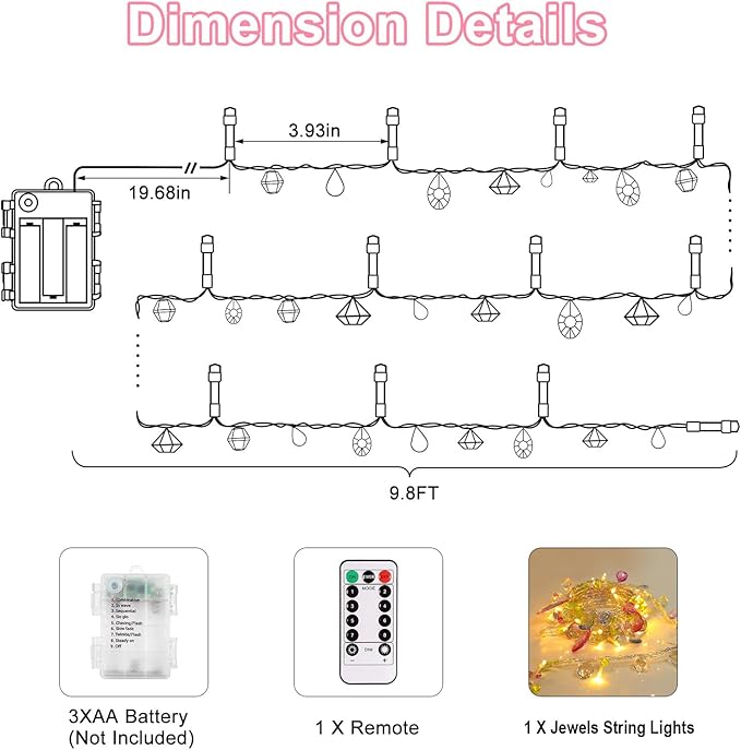 Battery Operated Fairy String Lights, Acrylic Gems Jewels String Lights with Remote 8 Modes Timer Function,30 Warm White LED Battery Powered Fairy Lights for Bedroom Party Decor