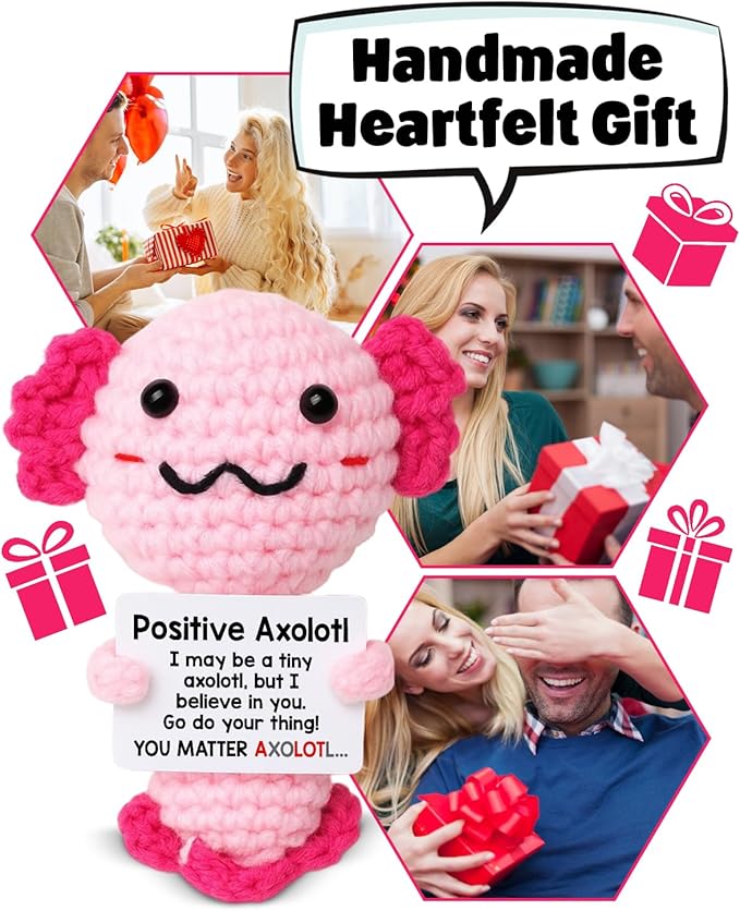 WEZADUK Positive Crochet Axolotl Gifts for Her Women, Mini Handmade Emotional Support Axolotl Plush with Encouraging Card, Motivational Christmas Birthday Gifts