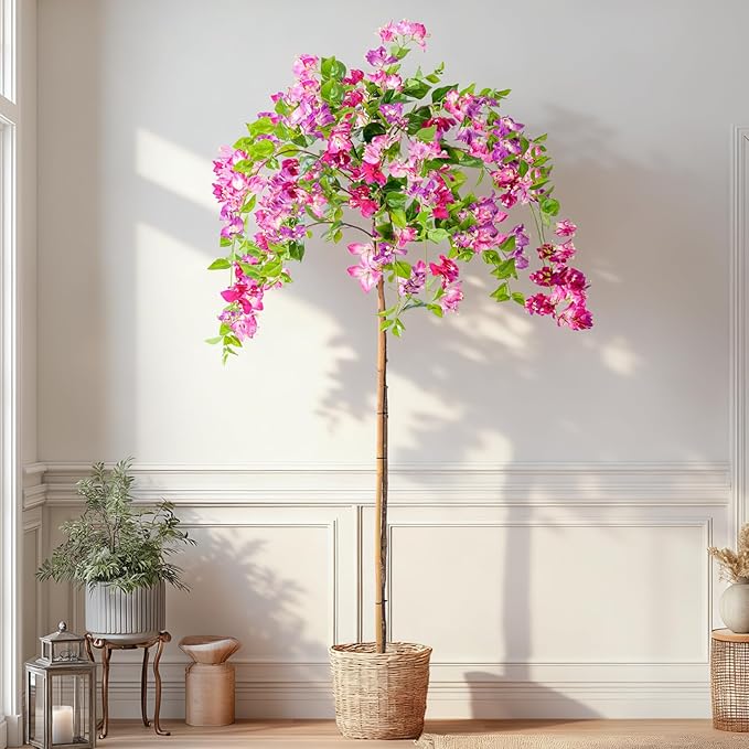 6FT Artificial Bougainvillea Tree Artificial Tree Tall Potted Fake Bougainvillea Trees for Outdoor Indoor Lifelike Potted Faux Plants with Wood Trunk and Flowers Office Wedding Home Decor
