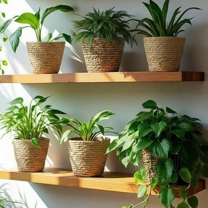 24 Pcs Seagrass Plant Basket with Plastic Liners Woven Stylish Planter Baskets Bulk Indoor Outdoor Plants Woven Wicker Baskets for Flower Pots Cover and Room Decor Small (Small,Rustic)