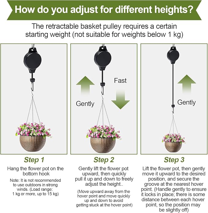 TERVEEX Retractable Plant Hanger with Pulley System, Effortless Raising and Lowering for Indoor and Outdoor Plants, Hanging Planters, Garden Pots & Bird Feeders (4-Pack,Black)