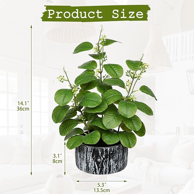 GnFlus Artificial Plants Decor Greenery Fake Ficus Leaf Indoor Potted 14" Fake Plant with Seeds in Rustic Black Ceramic Planter for Farmhouse Room Bathroom Bedroom Kitchen Office Table Desk Decor