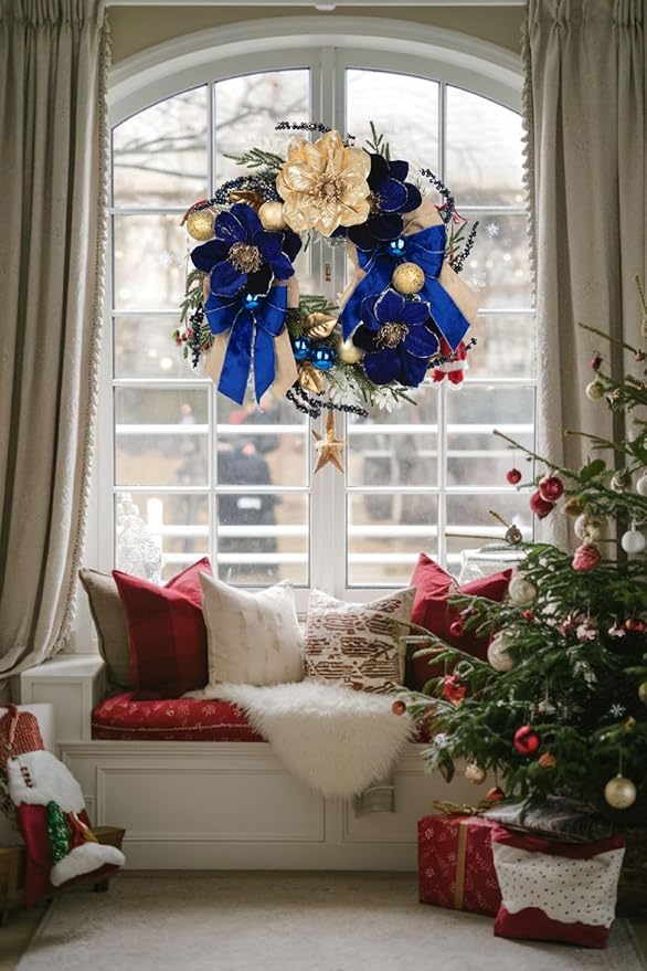 24 Inch Blue and Gold Christmas Wreaths for Front Door with Magnolia Berries, Christmas Door Wreath with Bow Balls, Pine Needles for Home Wall Window Indoor Outdoor Xmas Decorations & Holiday Decor