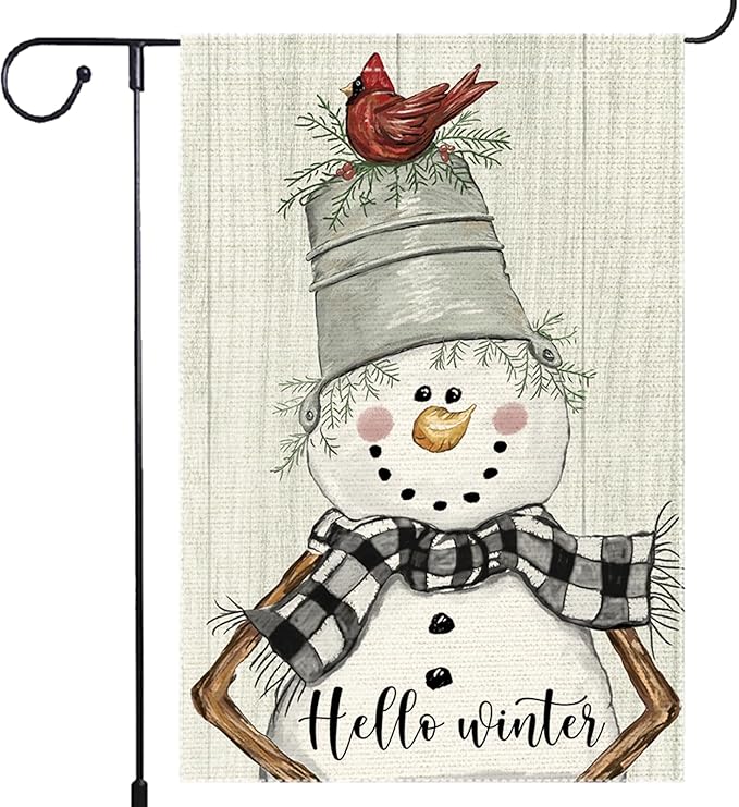 Snowman Cardinal Hello Winter Garden Flag 12x18 Inch Double Sided, Winter Holiday Yard Outdoor Flag