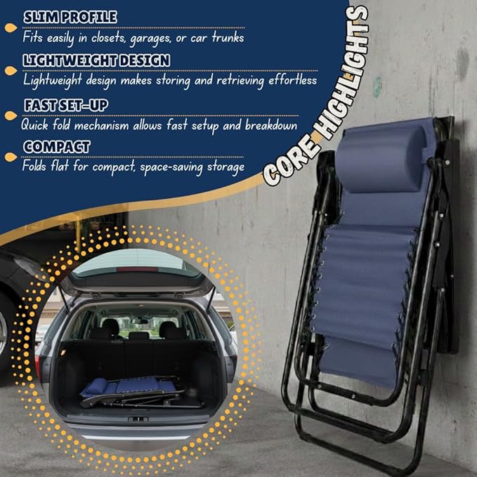 EZONE 1 - Chair Zero Gravity Lounge Chair Outdoor Adjustable Reclining Patio Chair Steel Mesh Folding Recliner for Pool Beach Camping Lounge Chair with Pillow and Cup Tray (1, Navy Blue)