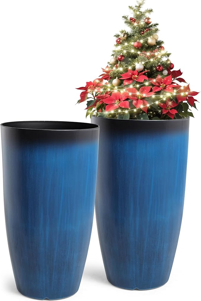 Ultym 23.75" Round Tall Planters, 2-Pack Large Flower Pots for Indoor Outdoor Plants, UV-Protect PP Container for Garden Patio Yard Balcony Porch or Home Decor, Artistic Floating Cobalt Blue Glaze