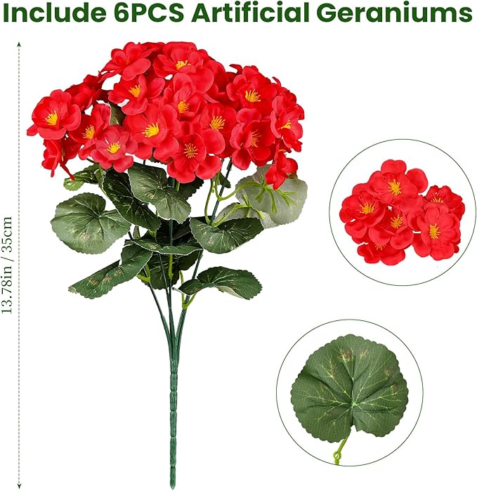 Artificial Flowers for Outdoors, 6 Bundles Realistic Silk Fake Red Geraniums, UV Resistant Faux Flowers for Planters, Hanging Baskets, Window Boxes, Porch, Patio Valentine's Day Decor