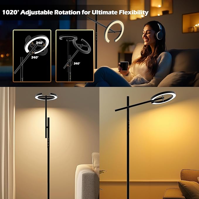 Light Therapy Lamp, 12000 LUX UV-Free Sunlight Lamp, Floor Lamp with Remote, Full Spectrum Sun Lamp, 4 Color Temps 2700-6500K & 7 Brightness & Timer LED Lamp for Living Room Bedroom Home Office, Black