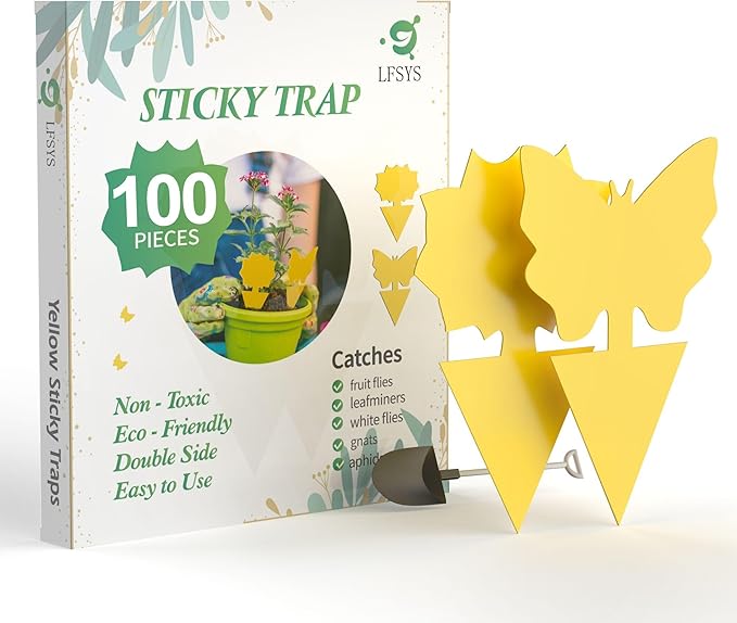 100 Pcs Sticky Traps for gnat, Yellow Stick Traps for Plants, Fungus gnat Trap Double Side with Shovel, Indoor Safe for Gnat, Fruit Fly, White Fly, Aphid, Leaf Miner