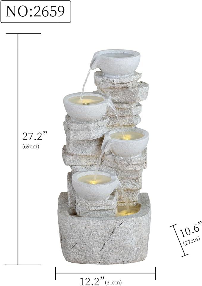 Qingyinge 27' H Modern Outdoor Fountain Resin Outdoor Garden Fountains with Contemporary Design LED Light for Garden, Patio, Deck, Porch, Backyard and Home Art Decor