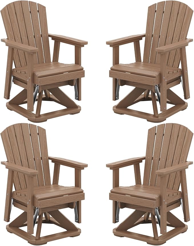 SERWALL Adirondack Swivel Glider Chair, HDPE Glider Set of 4 for Outdoor, All-Weather Glider Chair for Porch, Balcony, Wood Brown