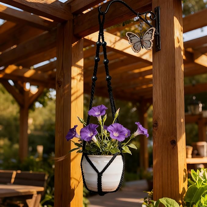 EJGIEGSO Macrame Plant Hanger, Up to 4-15 inch Pots, Wood Beads Cotton Hanging Planter Holder for Indoor Outdoor Boho Home Decor, 35 Inch, Set of 2 (Black)