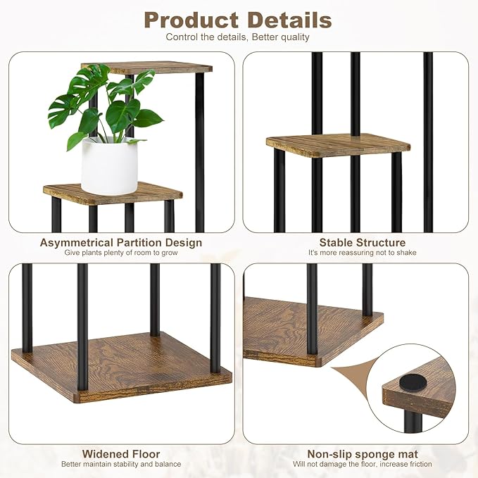 YOCOMEY 4 Tier Wood Tall Plant Stand Metal Rack Indoor, Multiple Flower Pot Holder Shelves Corner Rack, Planter Shelf Display Rack Storage Organizer for Patio Living Room Balcony Garden(Black)