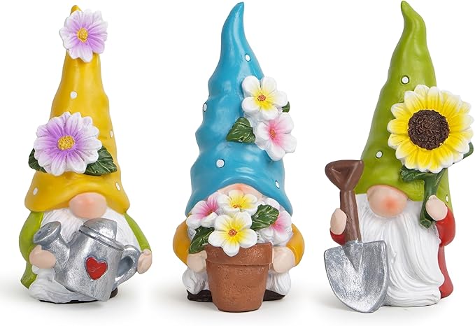 Hodao Spring Decorations for Home - Colorful Garden Gnomes Figurines with Flowers & Tools – Spring Summer Indoor Outdoor Decor for Table, Lawn, Window Sill – Gift for Garden Lovers