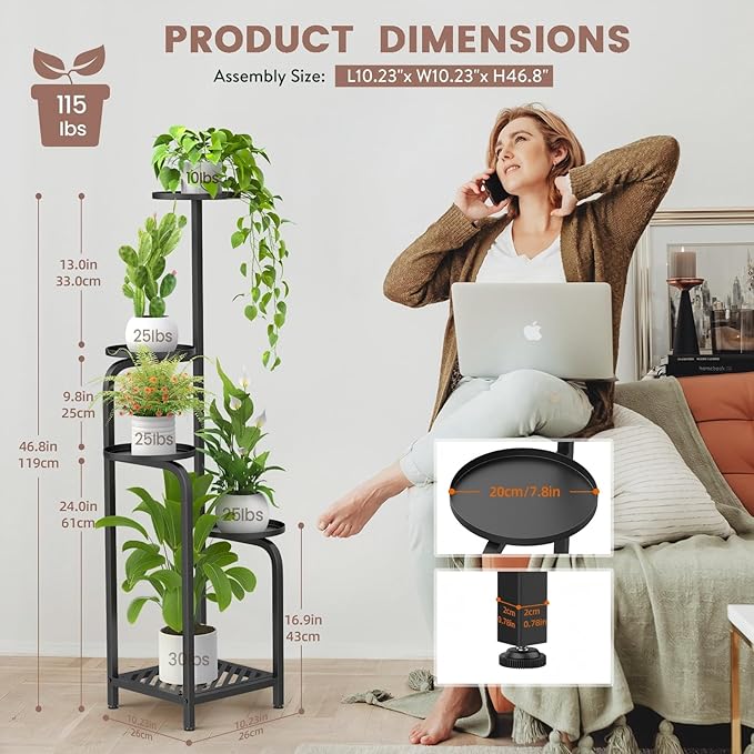 TOSKING 5 Tier Tall Plant Stand Indoor Outdoor, Heavy Duty Corner Shelf for Plants & Decor, Space Saving 3.9FT Metal Flower Pot Stand for Balcony, Garden, Living Room, Patio (Black, 47in)