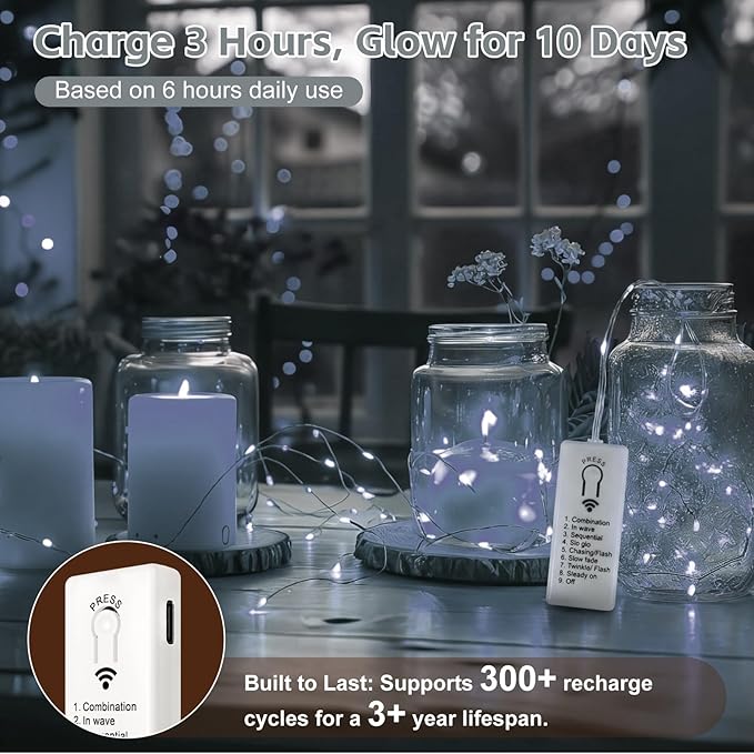 6 Pack Rechargeable Fairy Lights with Remote & DIY Timer, 7ft 20LED Dimmable Silver Wire String Light for Mason Jar, Mini Twinkle Lights for Indoor Christmas Bedroom Wedding Decor, White