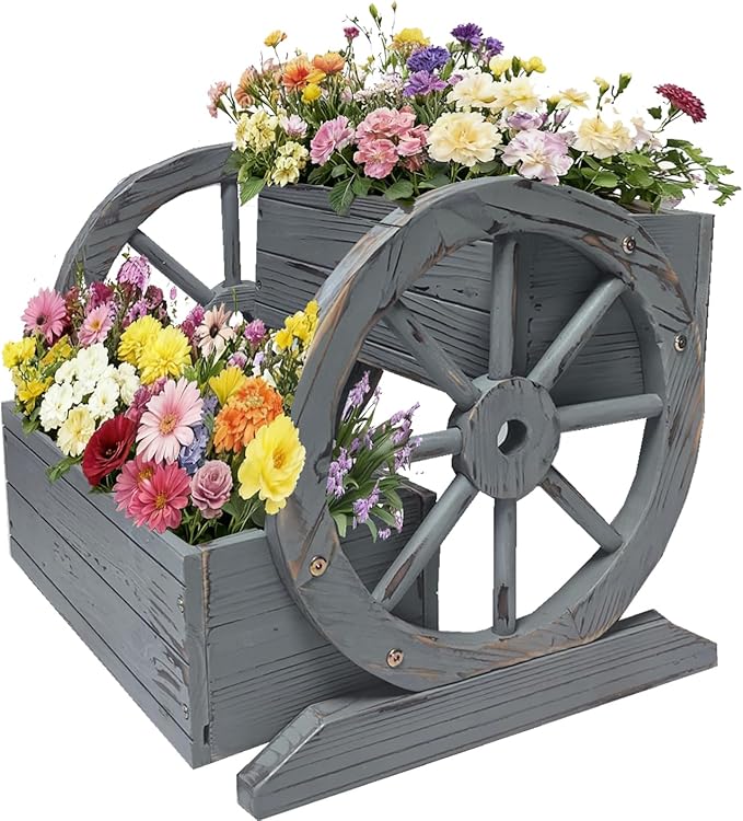 NestNature Wooden Wagon Planter Box,Raised Garden Bed,Decorative Garden Planters with Wheels-Outside Flower Pots for Indoor/Outdoor Décor Plants (Antique Gray)