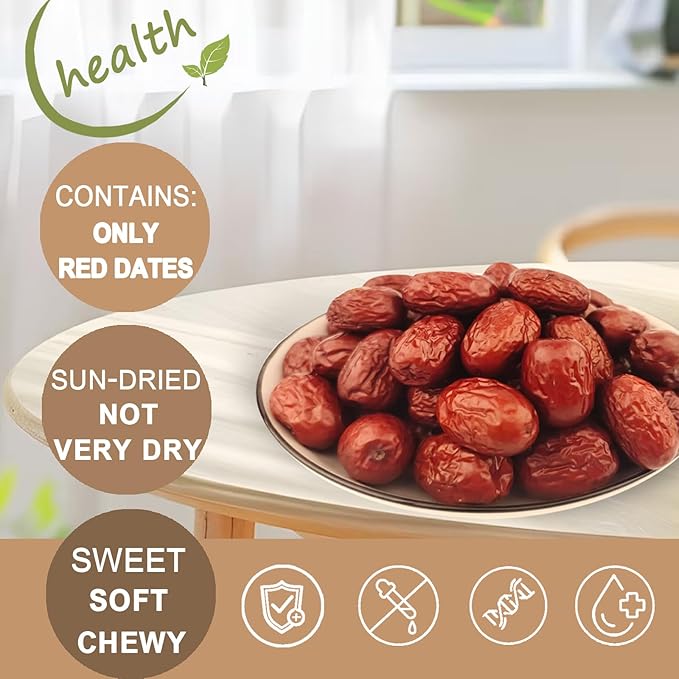 Jujube Red Dates,12.3 oz/350g, 红枣(hongzao)Dried Fruit No Sugar Added, Big Red dates, Not Very Dry, Soft and Chewy, Fluffy Mouthfeel, Thick Pulp, Thin Skin, Small Pit, Hiking Snacks, Improve Mood and Sleep