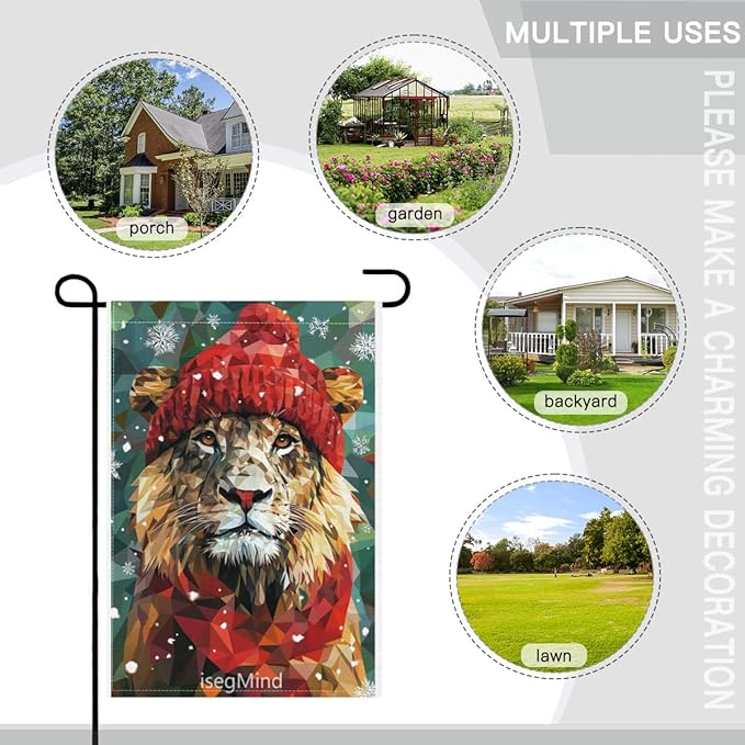 Lion with Red Scarf and Hat Snowflake Christmas Garden Flag, 28x40 Inch Double Sided Linen Holiday Red Winter Farmhouse Yard Outdoor Decoration (4328)