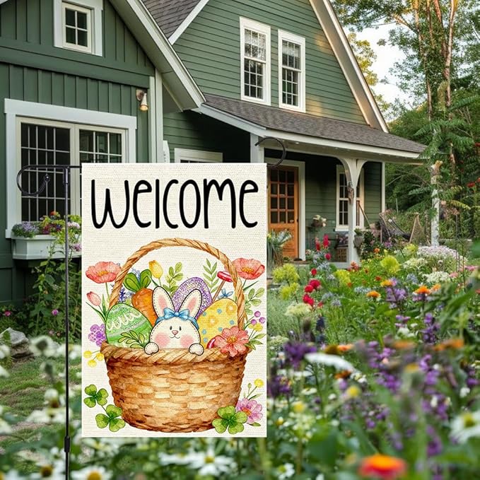 Welcome Spring Garden Flag Easter Bunny with Eggs Garden Flags 12x18 Inch Double Sided Burlap and Flowers Outdoor Decoration