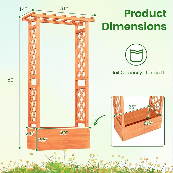 HAPPYGRILL Raised Garden Bed with Trellis, 2 Pack Wood Elevated Garden Bed with Hanging Roof, Planter Box, Drainage Holes for Climbing Plants, Flowers, Vegetables, 31" L x 14" W x 60" H