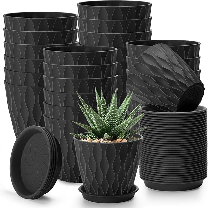 Acellegic 24 Pack 4 Inch Small Pots for Succulents, Waffle Texture Pots with Tray, Plastic Planter with Drainage Holes and Saucers, for Indoor Outdoor Plants Flowers, Seedlings (Black)