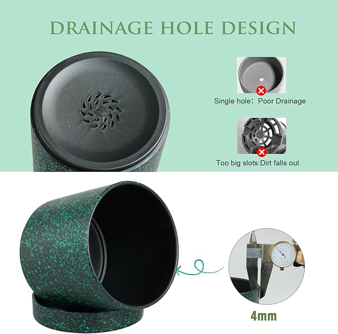 Meowell 7/6.5/6/5/4 inch Plant Pots, 5 Pack Cylinder Flower Pots for Small Indoor Outdoor Plants, Plastic Planters with Drainage Holes and Saucer for Garden Succulent Plants, Black With Green Speckles