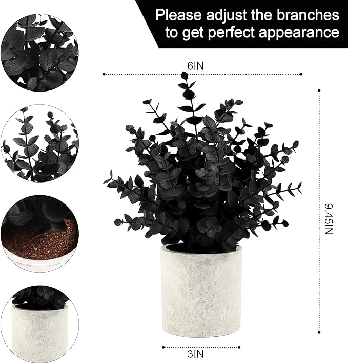 2 Pack Black Fake Eucalyptus Small Fake Plants Potted Artificial Plants for Halloween Shelf Desk Home Farmhouse Room Coffee Table Decor Bathroom Decor (Black)