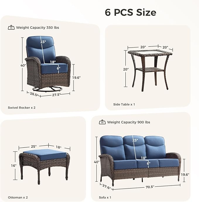 Luxury Patio Furniture Set with 6-inch Thick Cushions, Outdoor Furniture Set with High Back Swivel Chairs, 6 PCS Wicker Outdoor Conversation Set for Porch, Patio, Yard, Deck, Poolside, Brown/Blue