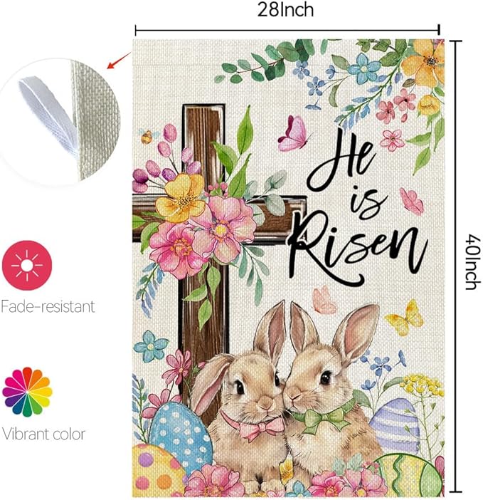 CROWNED BEAUTY Easter House Flag Cross Bunny 28x40 Inch Double Sided Large Holiday Welcome Decoration for Outside Yard