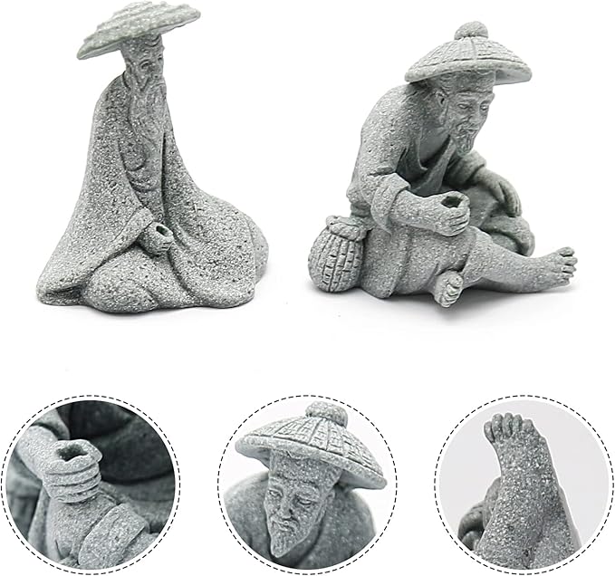 DUZFOREI 2PCS Mini Sitting Fishing Figurines Sandstone Vintage Ornament Japanese Decor for Fish Tank Pot Garden Home Aquarium Mini Fisherman Statue Asian Zen Decorations