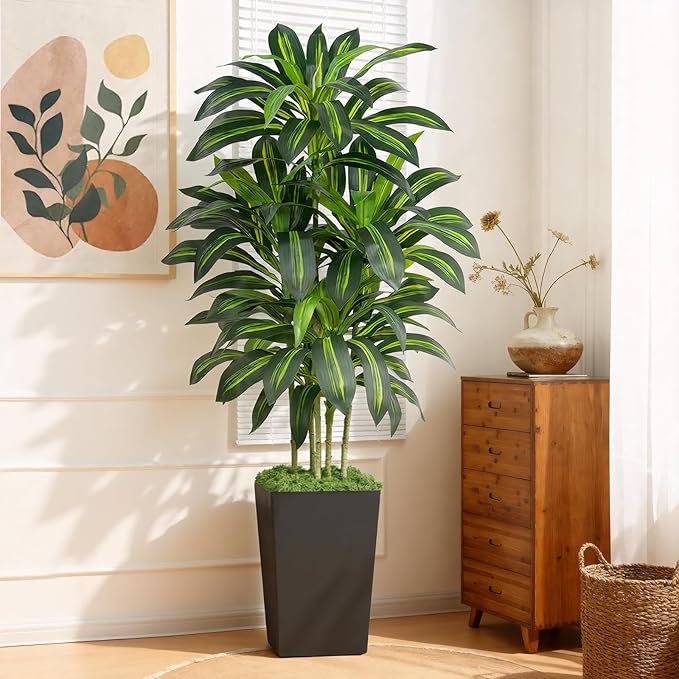 Keeplush 5FT Artificial Dracaena Tree - High-Density Foliage Fake Plant with Black Tall Planter - Faux Yucca Floor Plant for Home Office Decor Indoor