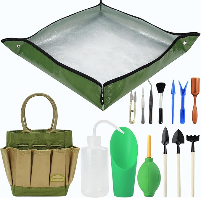 Permade Succulent Tools Kit with Organizer Bag- 13Pcs Indoor Gardening Tools |Mini Succulent Hand Tools with Tote, Succulent Transplanting Supplies, Present for Gardeners Plant Care (Green)